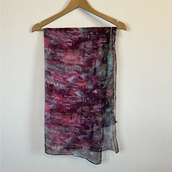 Joyce 100% Silk Pink Purple Watercolor Abstract Floral Artsy Scarf Wrap 40”x50” - Picture 8 of 8